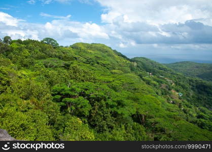 Panoramic view over the forest from the top hill view point at Nid D"Aigles, with blue sky. La Digue Island, Seychelles