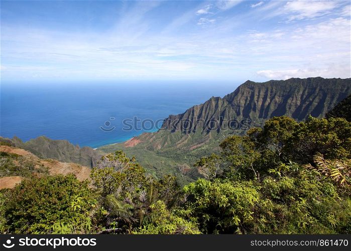 Panoramic view over valley of the famous Napali coast Hawaii