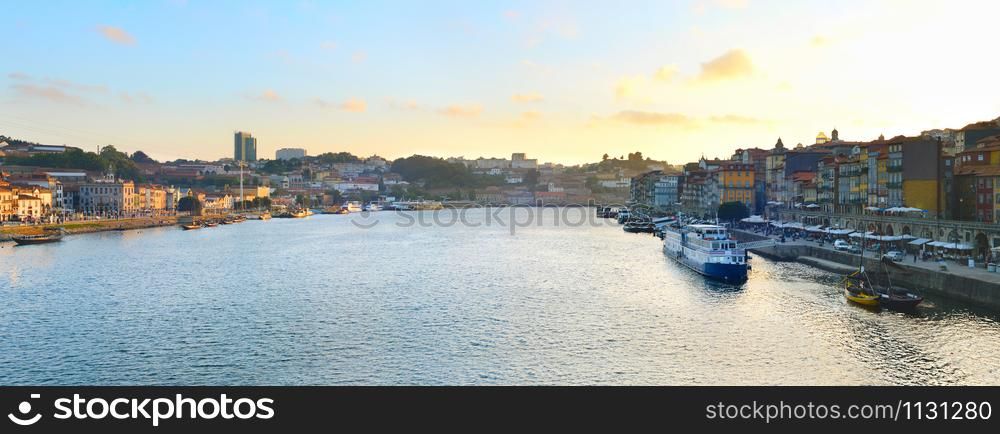Panoramic view Porto Old Town, Villa Nova de Gaia, Douro river at sunset. Portugal