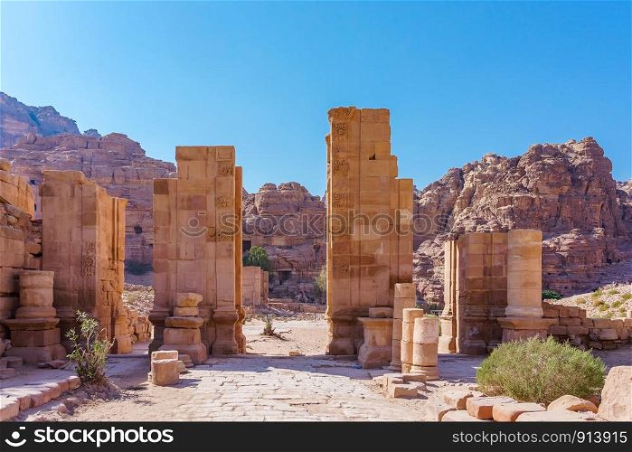 Panoramic view Ruins of Great Temple Gates in the ancient Arab Nabataean Kingdom city of Petra. Jordan