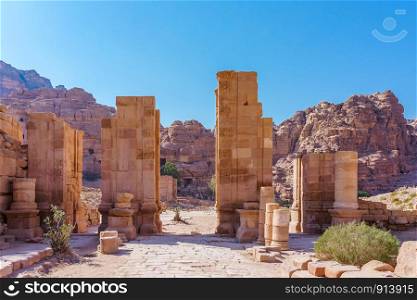 Panoramic view Ruins of Great Temple Gates in the ancient Arab Nabataean Kingdom city of Petra. Jordan