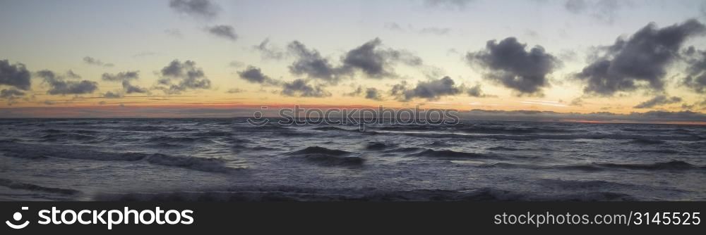Panoramic view. Seascape at sunset.
