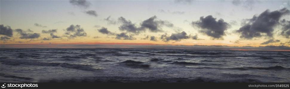 Panoramic view. Seascape at sunset.