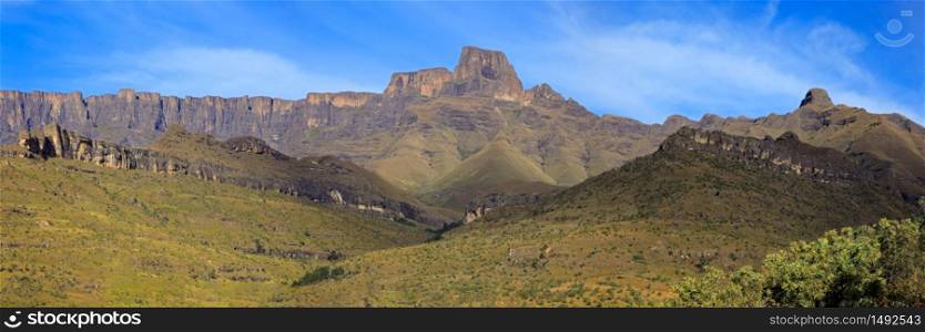 Panoramic view the amphitheater of the Drakensberg mountains, Royal Natal National Park, South Africa