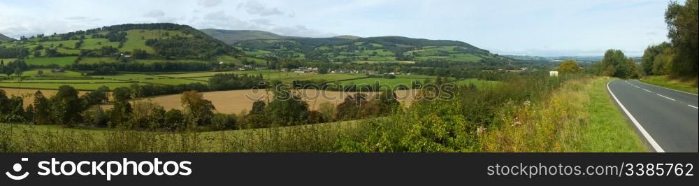 Panoramic view the Usk valley and A40 road in Wales UK.