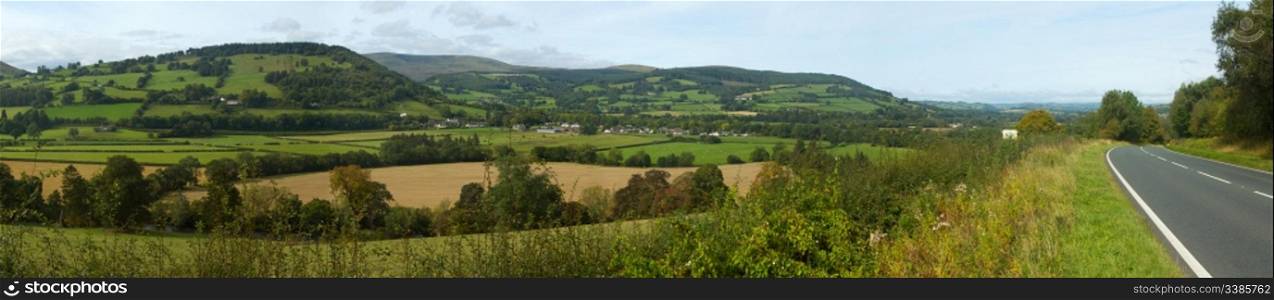 Panoramic view the Usk valley and A40 road in Wales UK.
