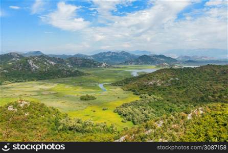 Panoramic view to Skadar lake valley and mountains, Montenegro