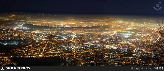 Panoramic view to Sofia city at night. View from Kopitoto hill in Vitosha mountain, Bulgaria
