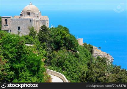 Panoramic view to Tyrrhenian coastline with Church of Saint John the Baptist from Erice town, Trapani region, Sicily, Italy.