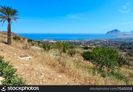 Panoramic view to Tyrrhenian coastline with Cofano mount from Erice, Trapani region, Sicily, Italy