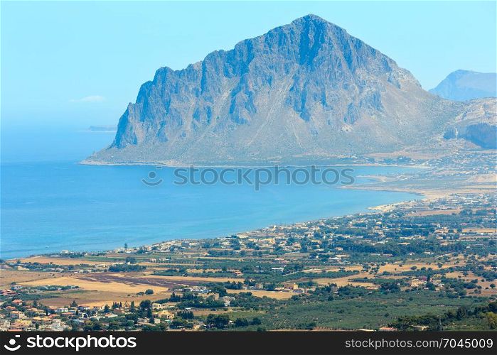 Panoramic view to Tyrrhenian coastline with Cofano mount from Erice, Trapani region, Sicily, Italy