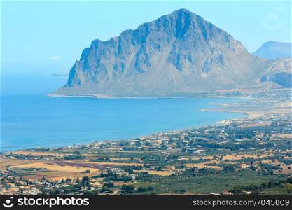 Panoramic view to Tyrrhenian coastline with Cofano mount from Erice, Trapani region, Sicily, Italy