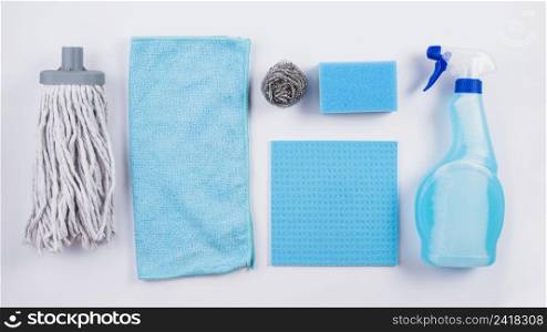panoramic view various cleaning equipments grey background