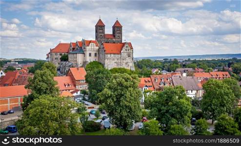 Panoramic view with Imperial Abbey of Quedlinburg, Germany. Landscape