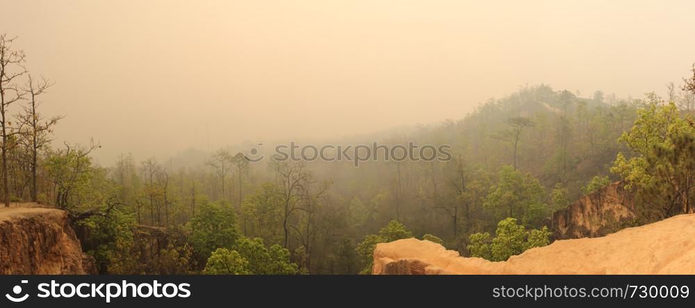 panoramic views of a sandstone or limestone canyon walls and valleys at a popular tourist destination in Pai, Northern Thailand, Southeast Asia