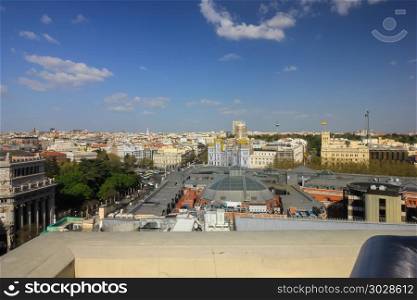 Panoramic views of Madrid from above. Houses and streets in Madrid, looking from high