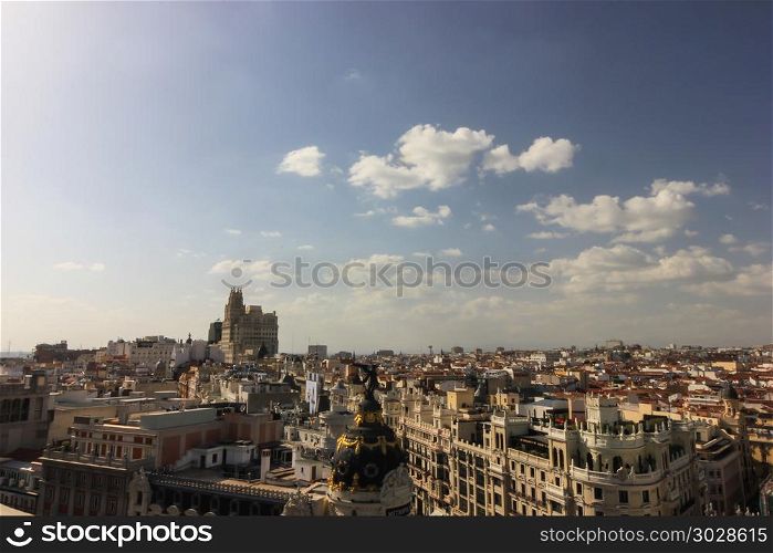 Panoramic views of Madrid from above. Houses and streets in Madrid, looking from high