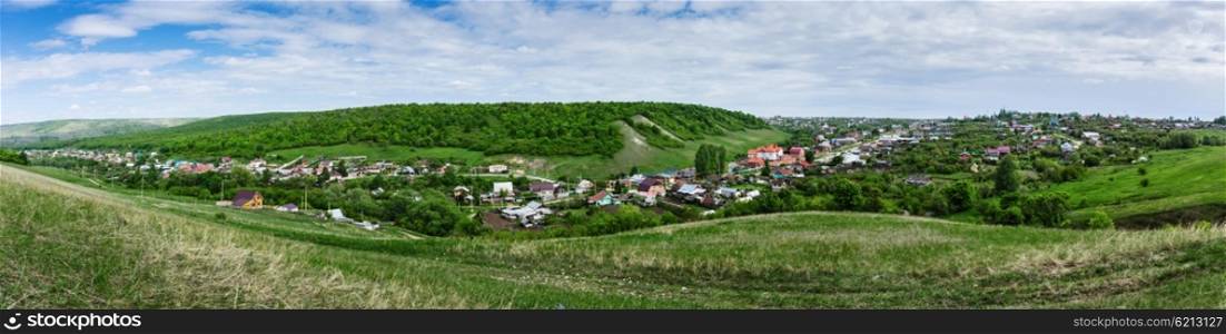 Panoramic views of the Russian village in the valley