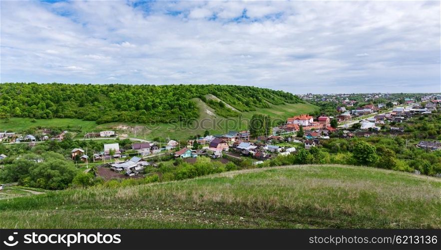 Panoramic views of the Russian village in the valley