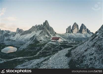 Panoramic vintage style view of Tre Cime di Lavaredo, Italian Dolomites