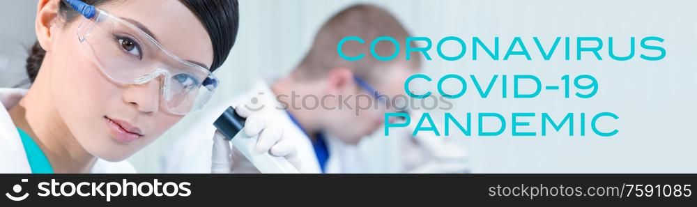 Panoramic web banner Chinese Asian female scientist, woman scientific researcher or doctor using a microscope in a medical research lab or laboratory with her colleague behind her panorama with Coronavirus Covid-19 Pandemic text