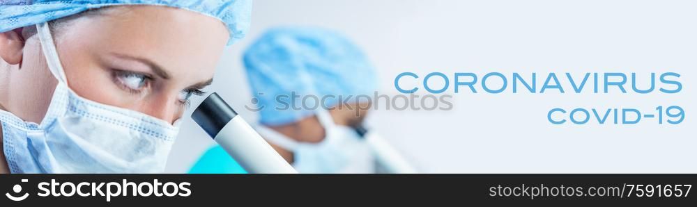 Panoramic web banner female medical or scientist wearing a face mask using a microscope in a research lab or laboratory with her colleague panorama with Coronavirus Covid-19 text