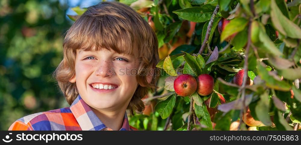 Panoramic web banner of happy smiling male boy child outdoors in an apple orchard panorama