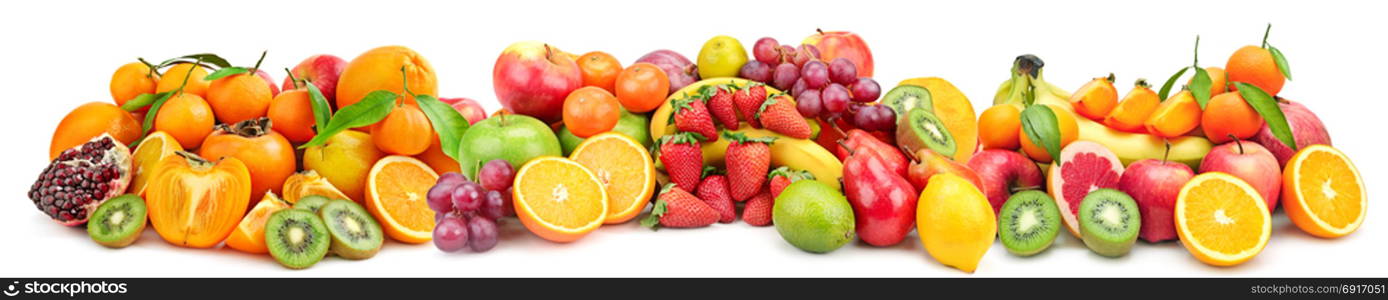 Panoramic wide collage of fresh fruit for skinali isolated on white background