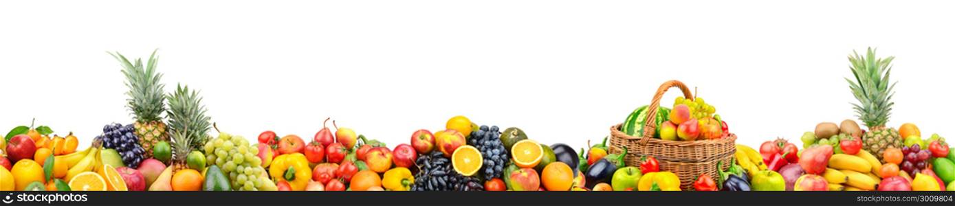 Panoramic wide photo with variety of fresh fruits and vegetables isolated on white background. Copy space.
