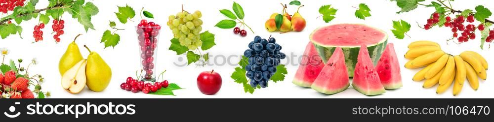 Panoramic wide picture healthy and useful berries and fruits isolated on white background.