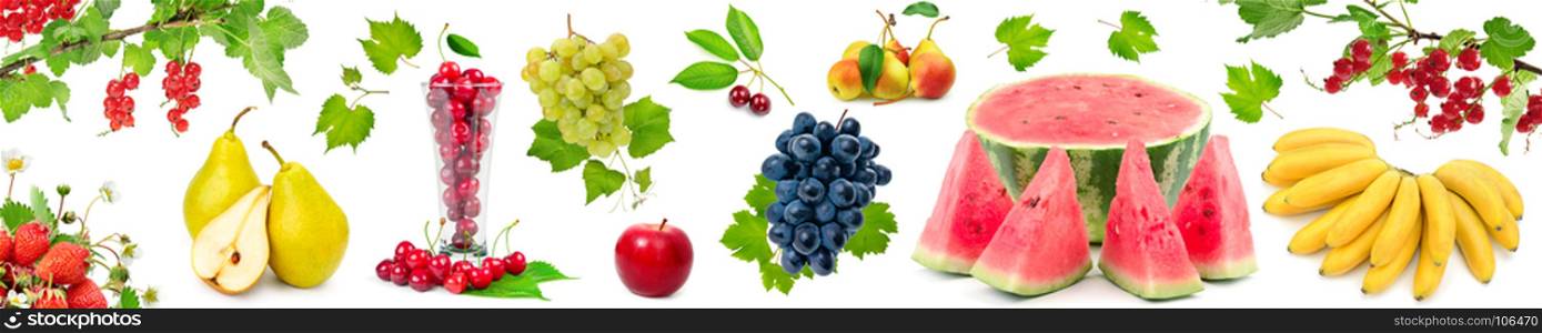 Panoramic wide picture healthy and useful berries and fruits isolated on white background.