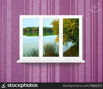 panoramic window with view to forest lake. panoramic window with view to the beautiful forest lake