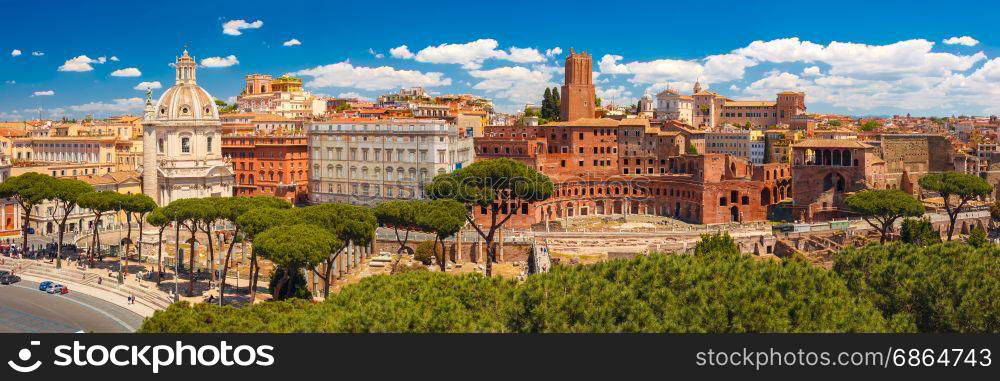 Panoramma of ancient Trajan Forum, Rome, Italy. Panoramic view with ancient ruins of Trajan Forum, Market, Trajan Column and church Most Holy Name of Mary in sunny day, Rome, Italy