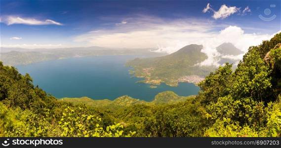 Panoraramic view of Lake Atitlan from the summit of volcano San Pedro, Guatemala, Central America