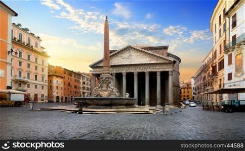 Pantheon and fountain in Rome at sunrise, Italy