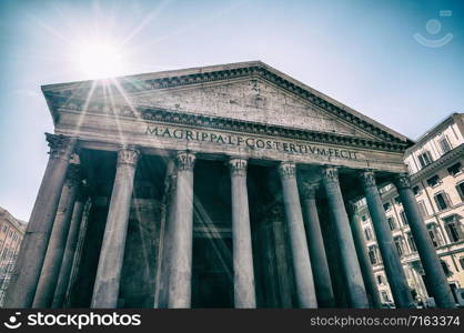 Pantheon in Rome Italy - Pantheon is former Roman temple, now a church, in Rome, Italy, completed by emperor Hadrian in 126 AD, famous building of the Ancient Rome.