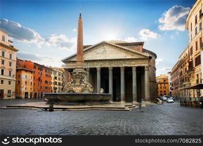 Pantheon on roman piazza in the morning, Italy
