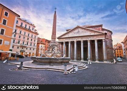 Pantheon square ancient landmark in eternal city of Rome dawn view, capital of Italy