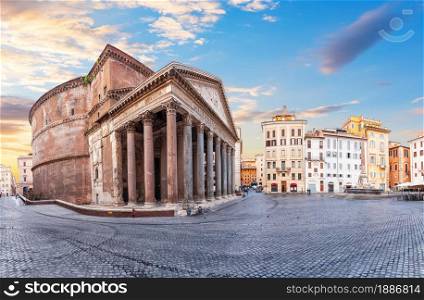 Pantheon temple with a column in Rotonda Sqaure, Rome, Italy.. Pantheon temple with a column in Rotonda Sqaure, Rome, Italy