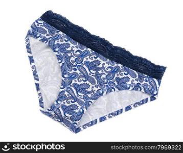 Panties with a blue pattern and lace. Isolate on white.