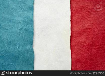 paper abstract in colors of France  national flag - blue, white and red, set of textured, handmade, bark paper sheets
