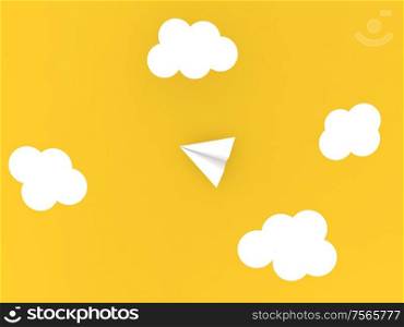 Paper airplane and clouds on a yellow background. 3d render illustration.. Paper airplane and clouds on a yellow background.