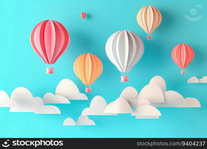 Paper art , Balloons colorful floating in air blue sky background , Generate Ai