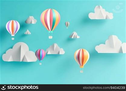 Paper art , Balloons colorful floating in air blue sky background , Generate Ai