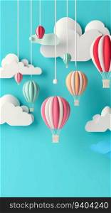 Paper art , Balloons colorful floating in air blue sky background , Generate Ai