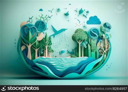 Paper art , Ecology and world water day , Saving water and world Environment day , Environmental protection and save earth water , Generate Ai 