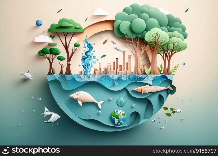 Paper art , Ecology and world water day , Saving water and world Environment day, environmental protection and save earth water , Generate Ai