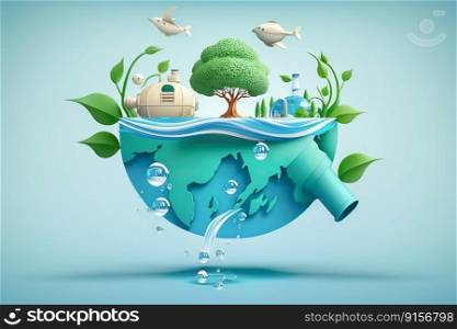 Paper art , Ecology and world water day , Saving water and world Environment day, environmental protection and save earth water , Generate Ai