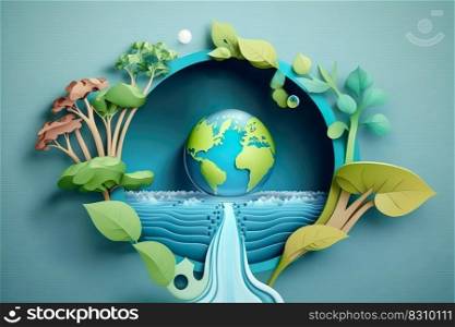 Paper art , Environmental protection and save earth water , Ecology and world water day , Saving water and world Environment day , Generate Ai