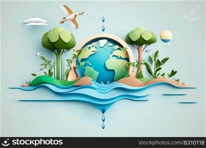 Paper art , Environmental protection and save earth water , Ecology and world water day , Saving water and world Environment day , Generate Ai